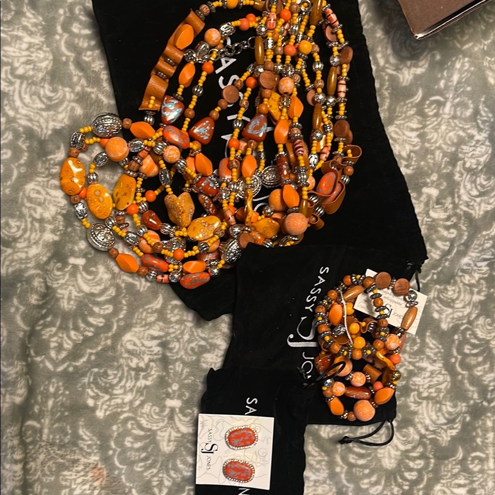 Sassy Jones Orange Beaded Necklace, earrings and Bracelet Set